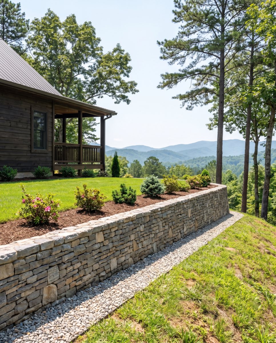 Stacked stone retaining wall terracing a sloped yard